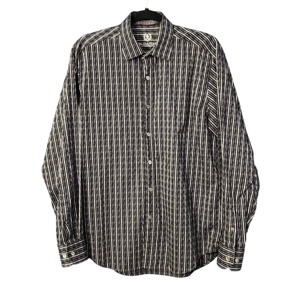 Bugatchi Mens Uomo Button Down Black/Purple Classic Fit Shirt, Large